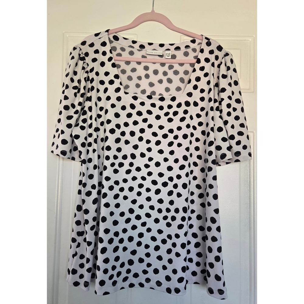 Susan Graver Black White Polka Dot Square Neck Puff Sleeve Top 2X Retro Blouse